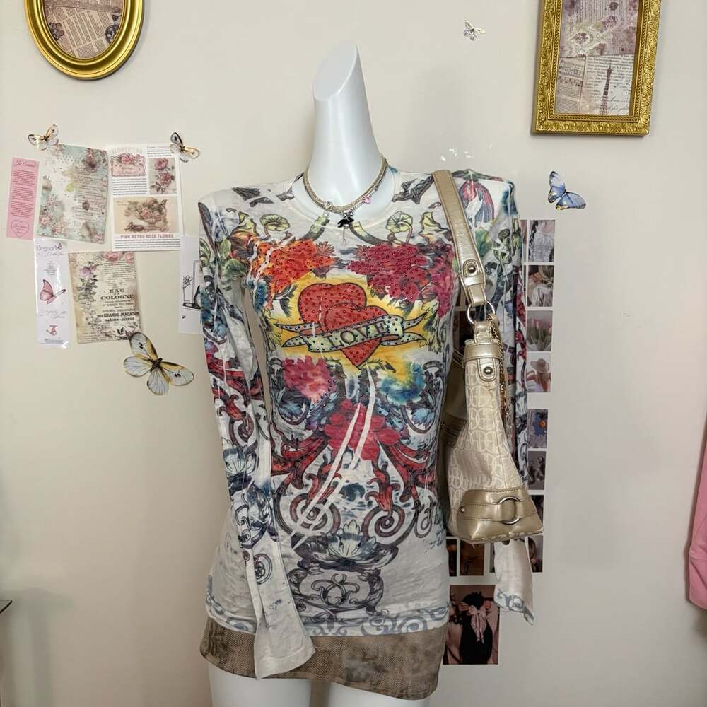 Ocean Breeze Vintage Y2K Rhinestone Heart Tattoo Print Long Sleeve Tunic Top